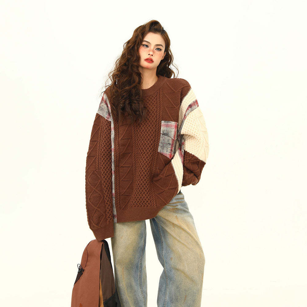 美式街頭拼接設計感毛衣女秋冬寬鬆慵懶嘻哈麻花針織衫