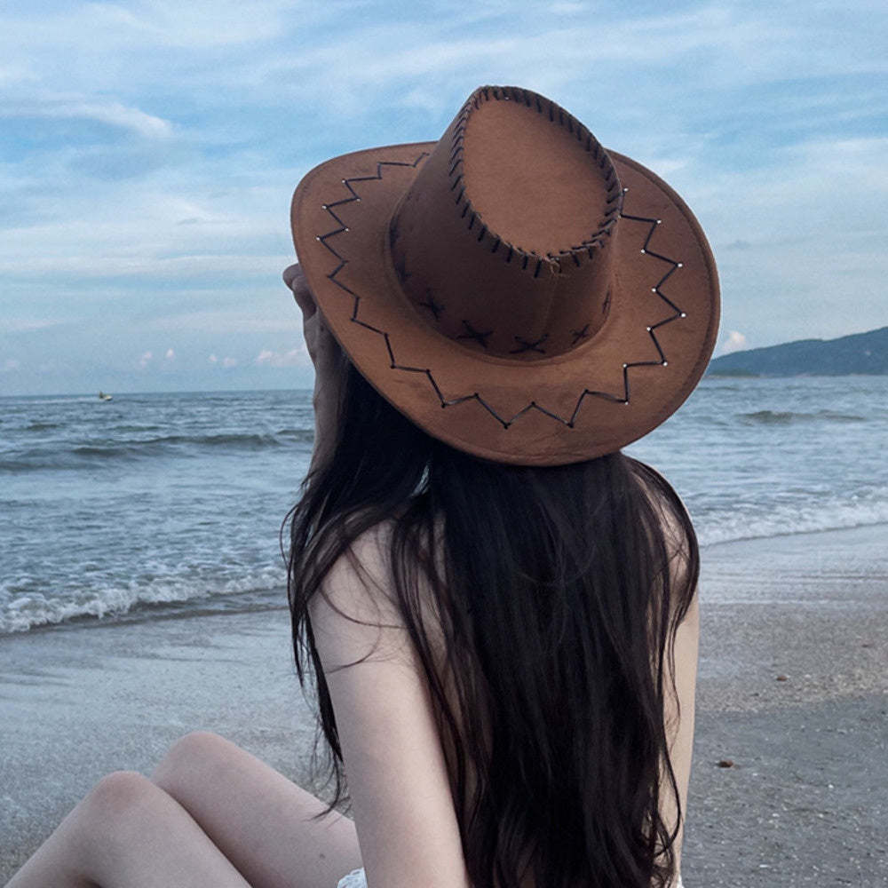 西部牛仔帽女抽繩戶外登山漁夫帽女夏季旅遊度假大簷防曬太陽帽