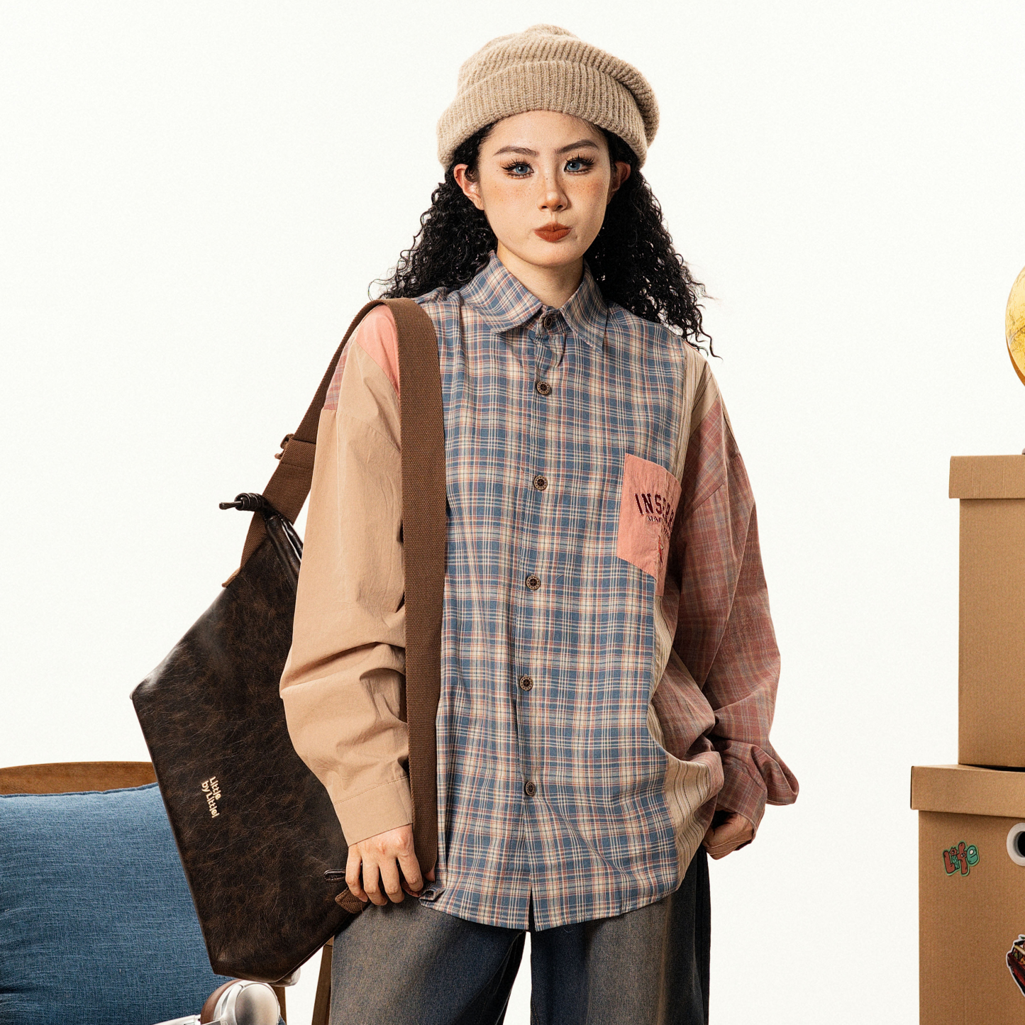 美式復古撞色格子長袖襯衫男女寬鬆小眾設計感古著襯衣