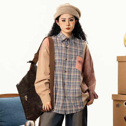 美式復古撞色格子長袖襯衫男女寬鬆小眾設計感古著襯衣