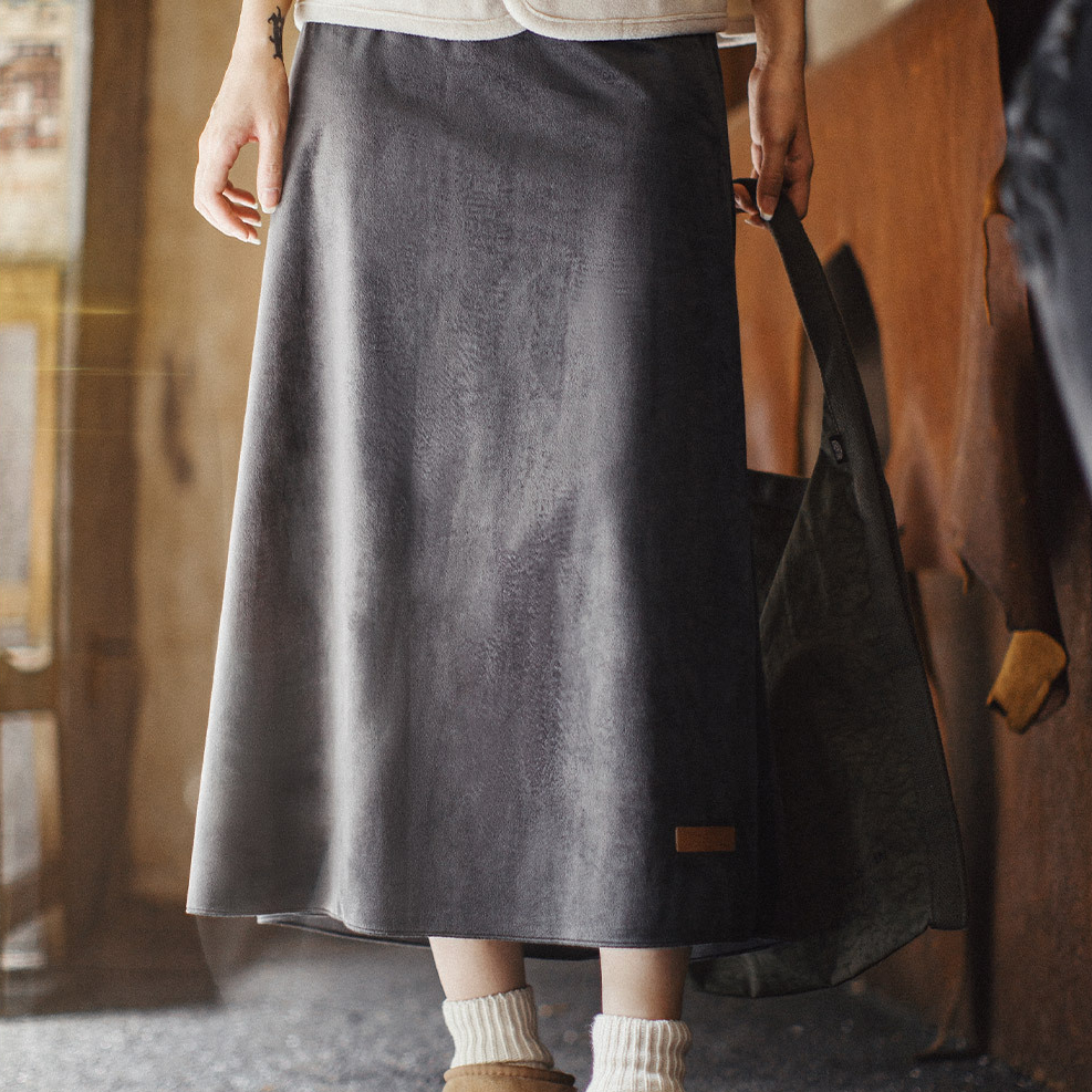 復古絲絨灰色鬆緊腰垂墜感A字中長款針織半身傘裙子女士秋季