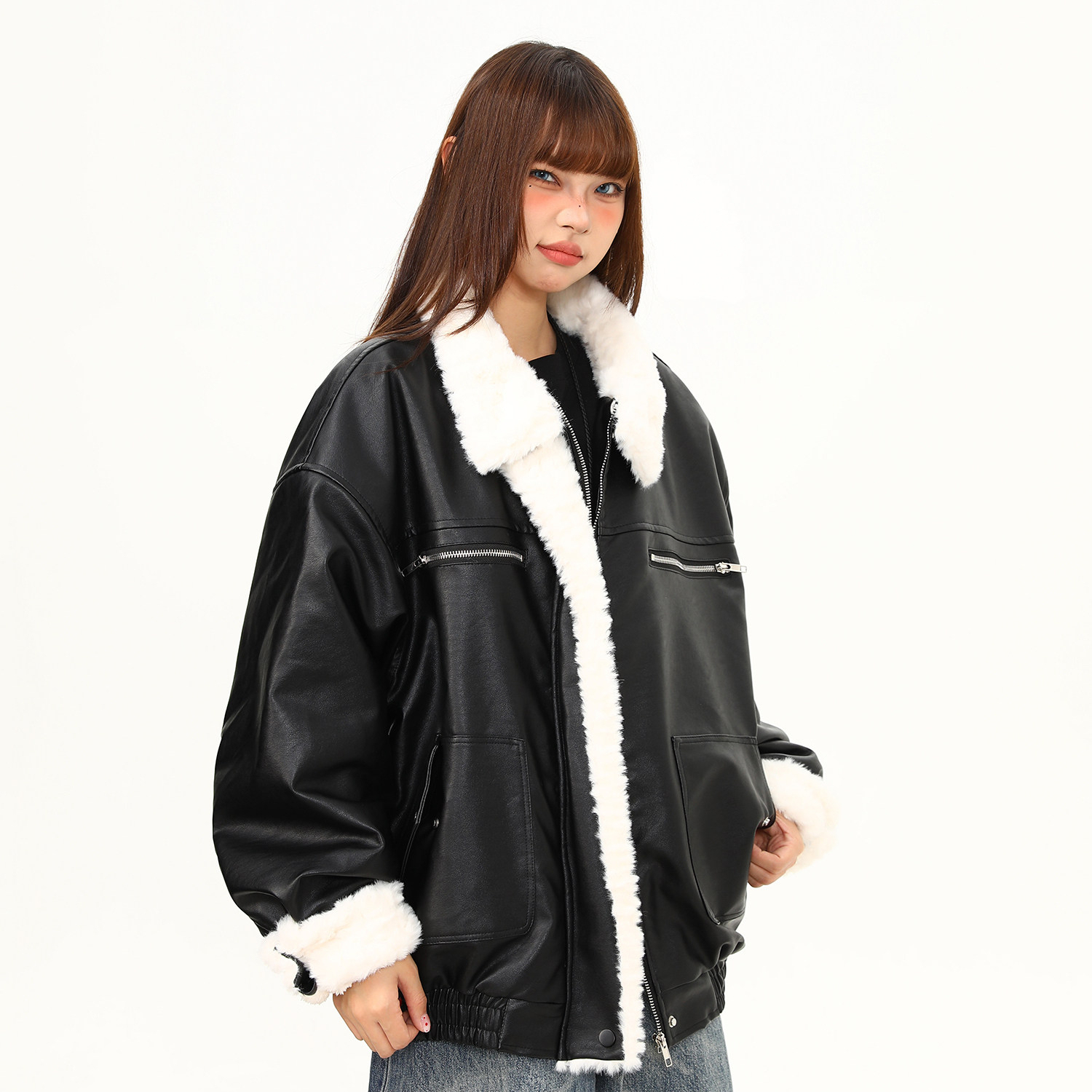 皮毛一體羊羔絨翻領PU皮衣棉服女冬季美式潮牌機車服外套