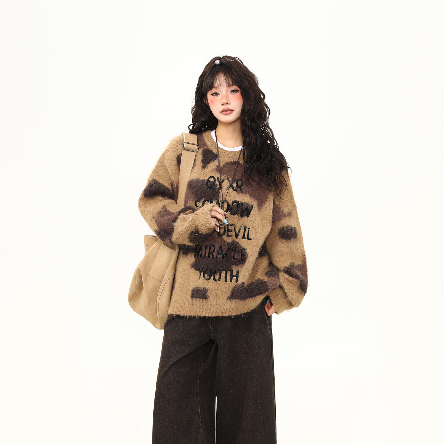 美式復古刺繡字母馬海毛毛衣女秋冬慵懶風棕色針織衫上衣