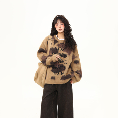 美式復古刺繡字母馬海毛毛衣女秋冬慵懶風棕色針織衫上衣