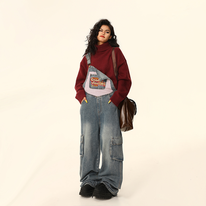 美式復古顯瘦小個子工裝牛仔背帶褲女寬鬆闊腿連體褲秋季