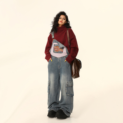 美式復古顯瘦小個子工裝牛仔背帶褲女寬鬆闊腿連體褲秋季