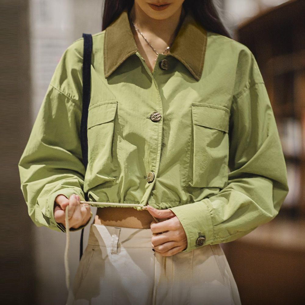 巴恩風淺春系鼠尾草綠多口袋翻領夾克獵裝拼接領抽繩上衣春女