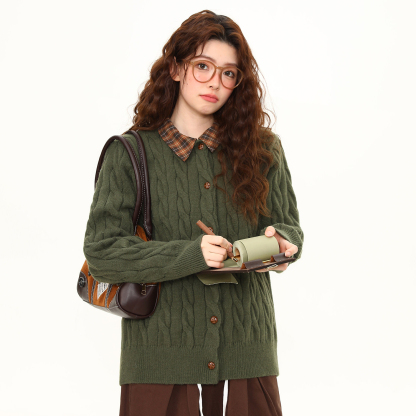 橄欖綠拼格子慵懶風翻領毛衣女開衫春季新款復古百搭外套