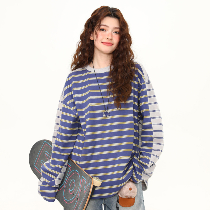 春季新款條紋拼接設計感寬鬆長袖T恤女美式復古百搭上衣