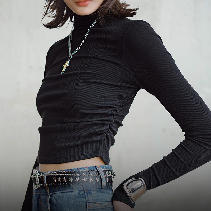 馬登女裝 莫代爾半高領打底衫抽褶修身疊穿長袖T恤內搭外穿上衣秋季女