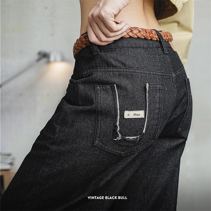 馬登女裝 美式復古黑色牛仔褲直筒休閒褲寬鬆顯瘦闊腿褲拖地長褲春秋女