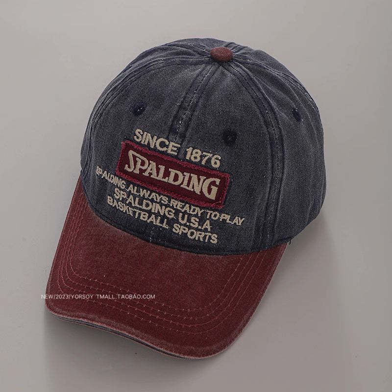 美式復古水洗做舊紅色鴨舌帽子女拼色字母軟頂休閒街頭棒球帽