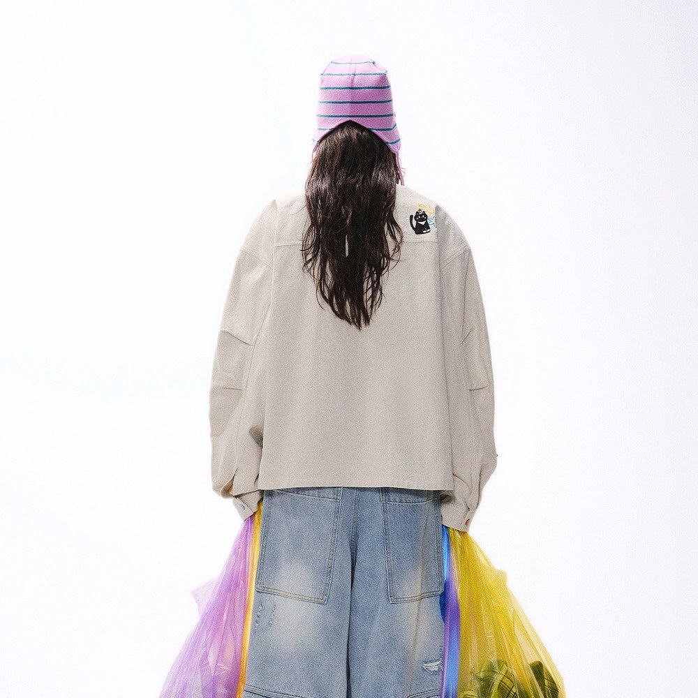 復古設計感工裝外套女春季新款街頭刺繡夾克寬鬆百搭上衣