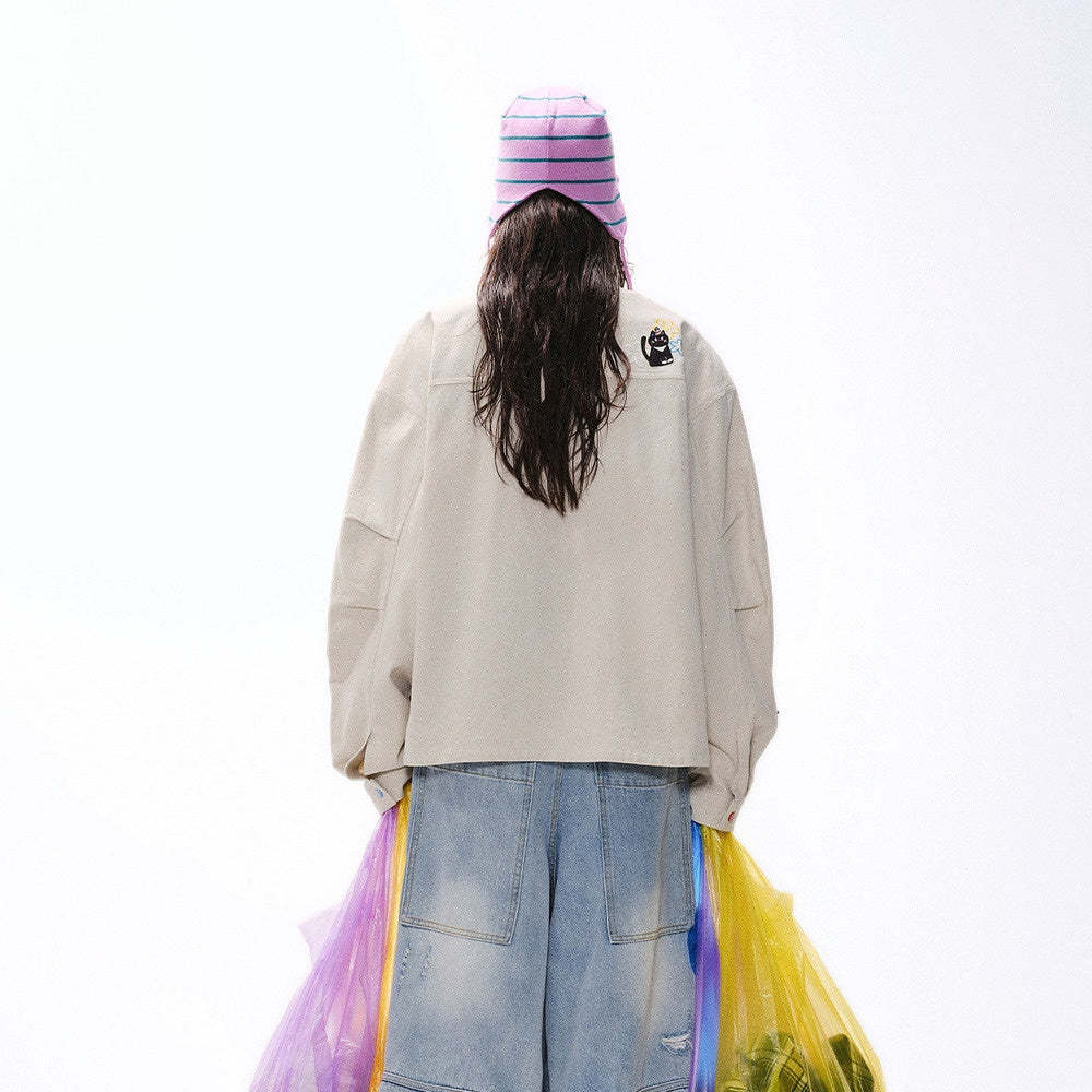 復古設計感工裝外套女春季新款街頭刺繡夾克寬鬆百搭上衣