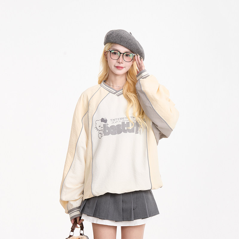 美式撞色運動風長袖衛衣女秋季復古慵懶風速幹寬鬆上衣