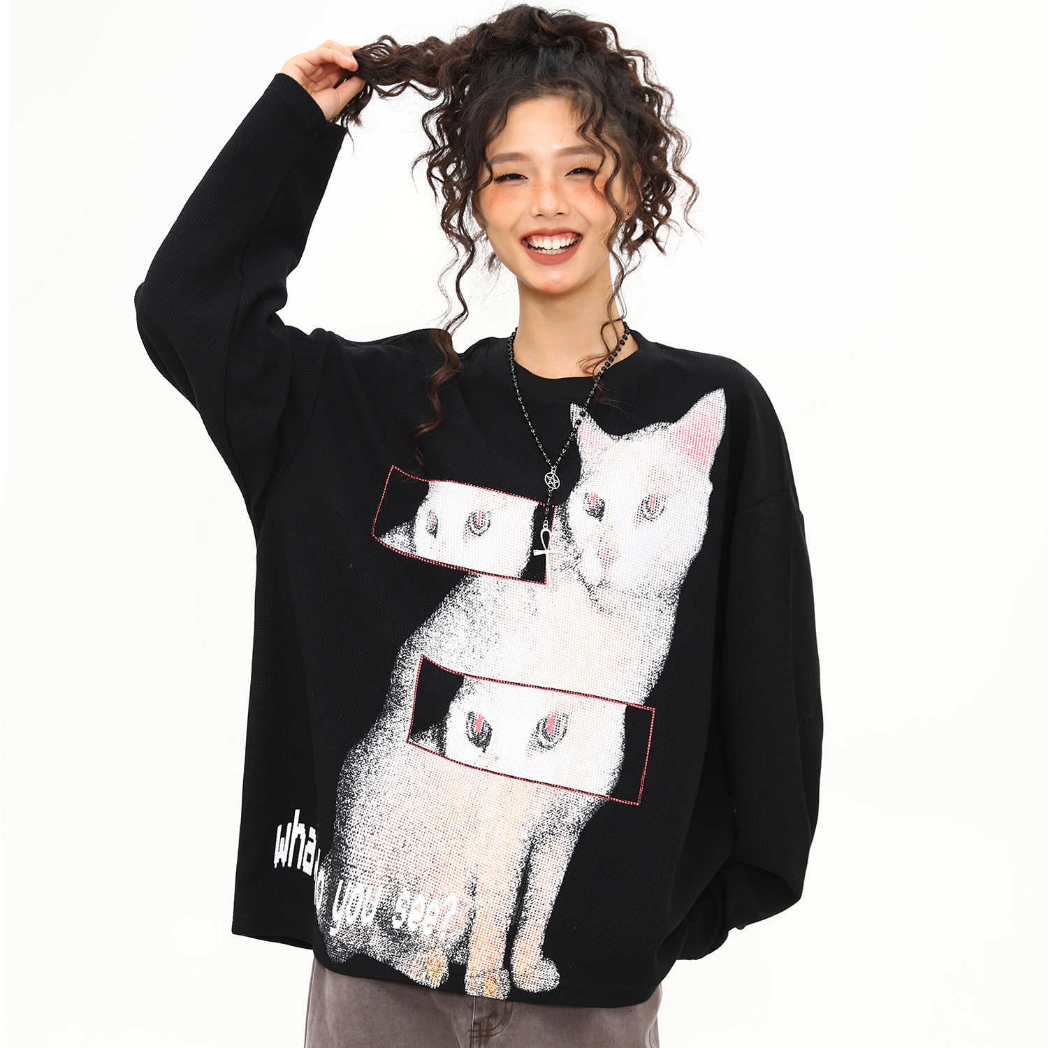 美式復古猫咪印花設計感圓領長袖T恤女秋冬新款百搭上衣