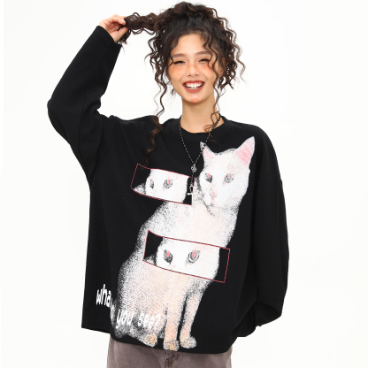 美式復古猫咪印花設計感圓領長袖T恤女秋冬新款百搭上衣