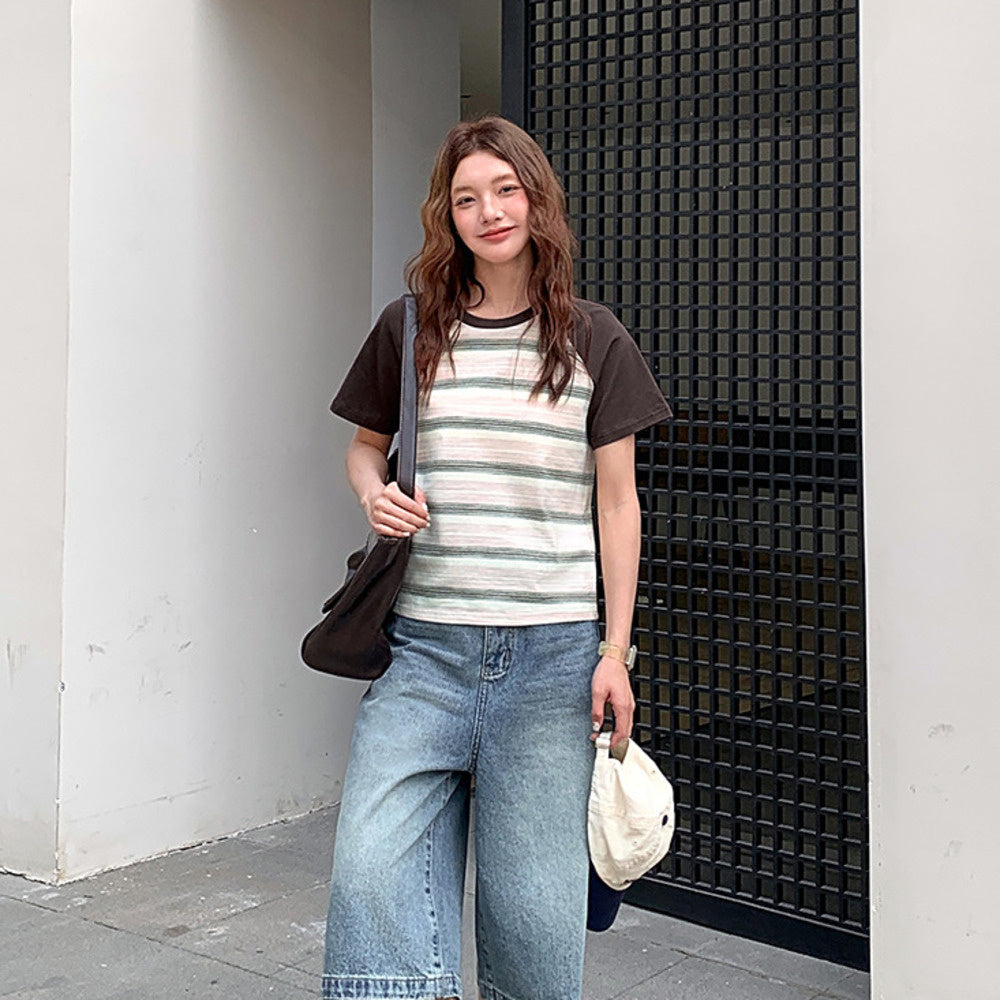 復古撞色條紋短袖t恤女2025新款夏正肩小個子顯瘦休閒