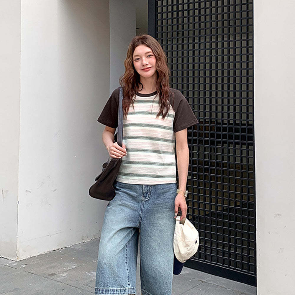 復古撞色條紋短袖t恤女2025新款夏正肩小個子顯瘦休閒