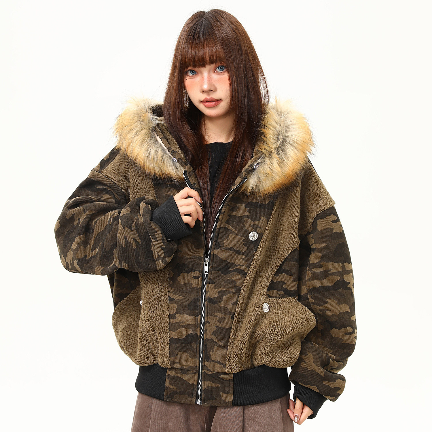 美式街頭迷彩拼接毛領外套女冬季保暖加絨短款棉服棉襖