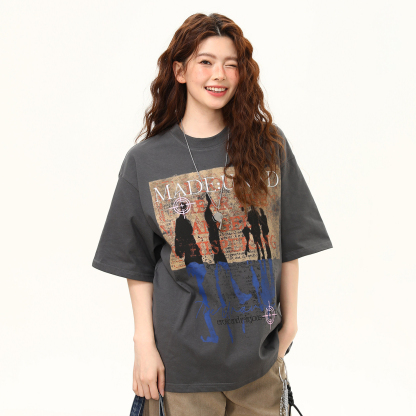 美式復古做舊印花短袖T恤女夏季新款寬鬆百搭上衣