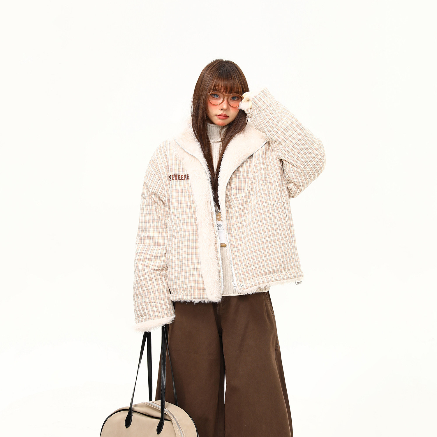 美式復古雙面穿格子棉服外套女冬季新款加絨百搭寬鬆棉襖