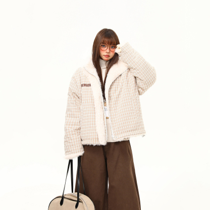 美式復古雙面穿格子棉服外套女冬季新款加絨百搭寬鬆棉襖