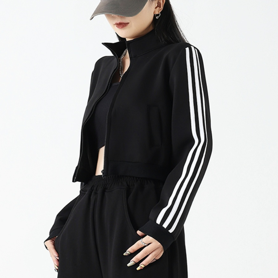 三條杠立領長袖短款外套女春秋美式街頭休閒運動上衣薄款衛衣開衫