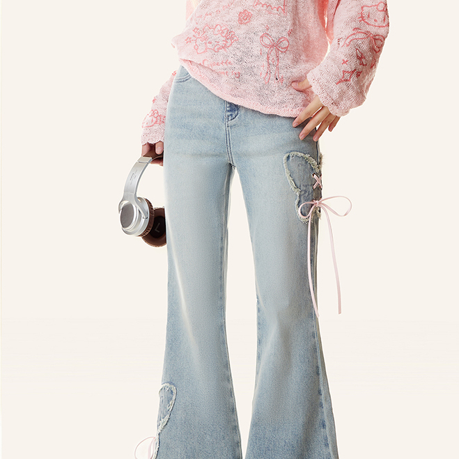 淺色顯瘦蝴蝶微喇叭牛仔褲女2025夏季新款小個子設計感褲子