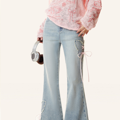 淺色顯瘦蝴蝶微喇叭牛仔褲女2025夏季新款小個子設計感褲子