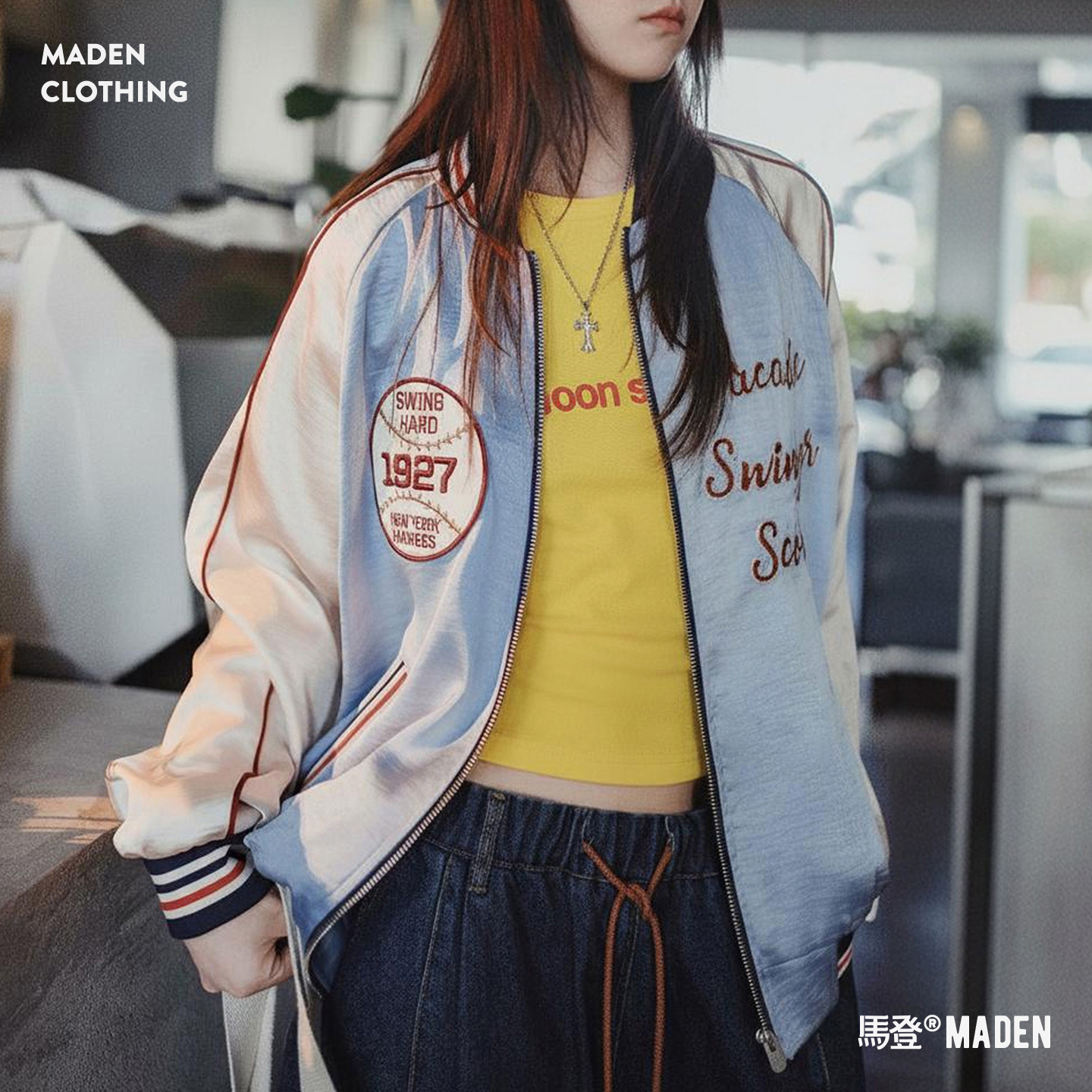 美式復古寬鬆橫須賀重工刺繡棒球服領夾克緞面開衫外套女士秋