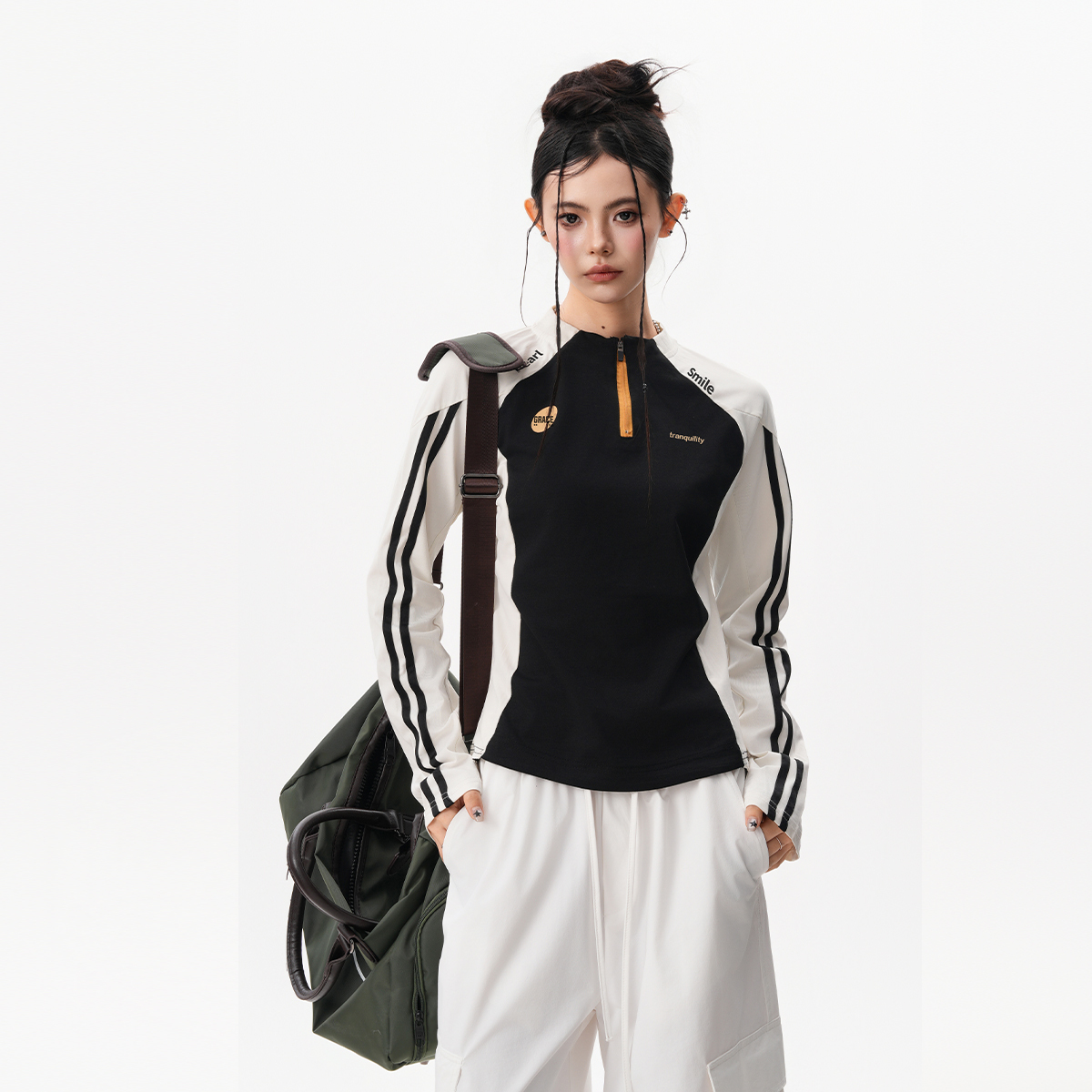 速幹輕薄騎行服女秋季撞色半拉鍊長袖T恤戶外健身訓練運動上衣