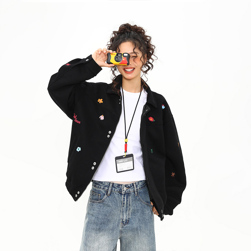 秋冬新款美式復古刺繡小標夾克外套女百搭翻領上衣
