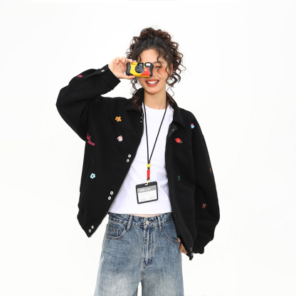 秋冬新款美式復古刺繡小標夾克外套女百搭翻領上衣