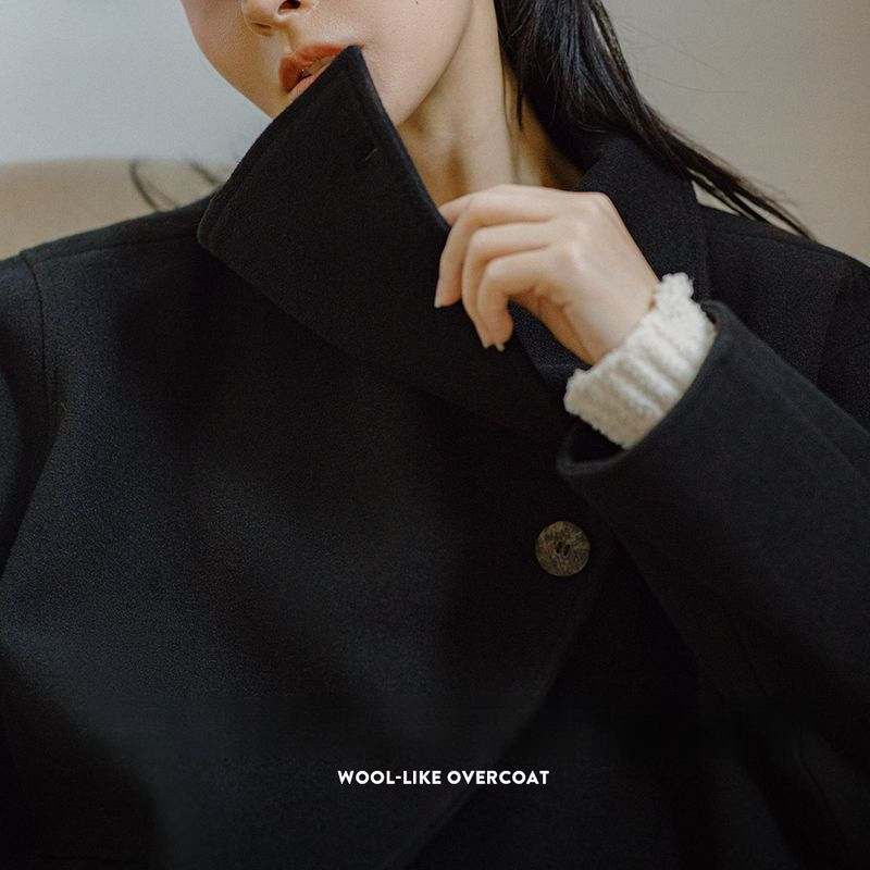 馬登女裝 復古經典黑色大衣外套高級感翻領長款毛呢風衣2024冬季新款女