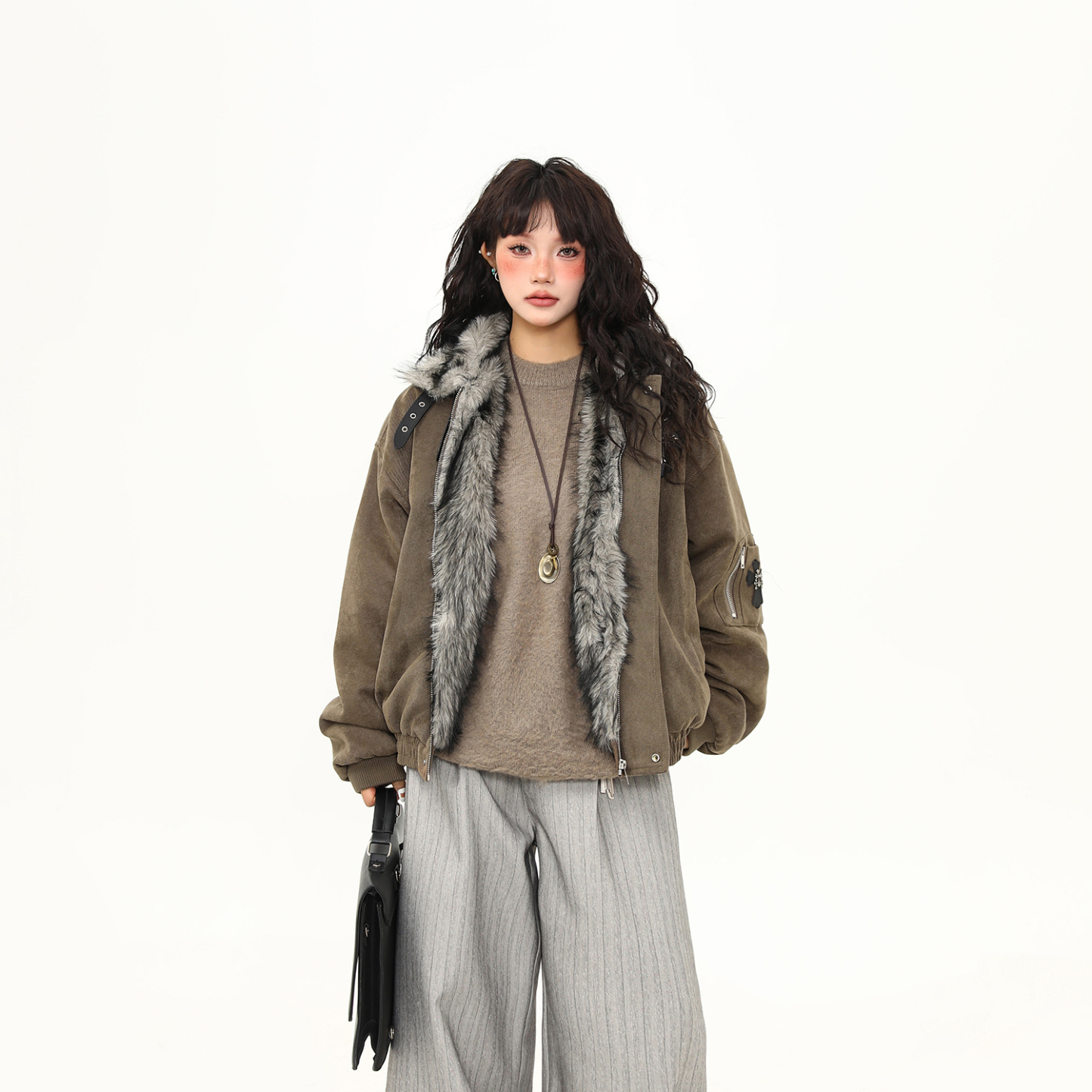 毛領座山雕棉服外套女美式潮牌高級感加厚冬季棉衣新款