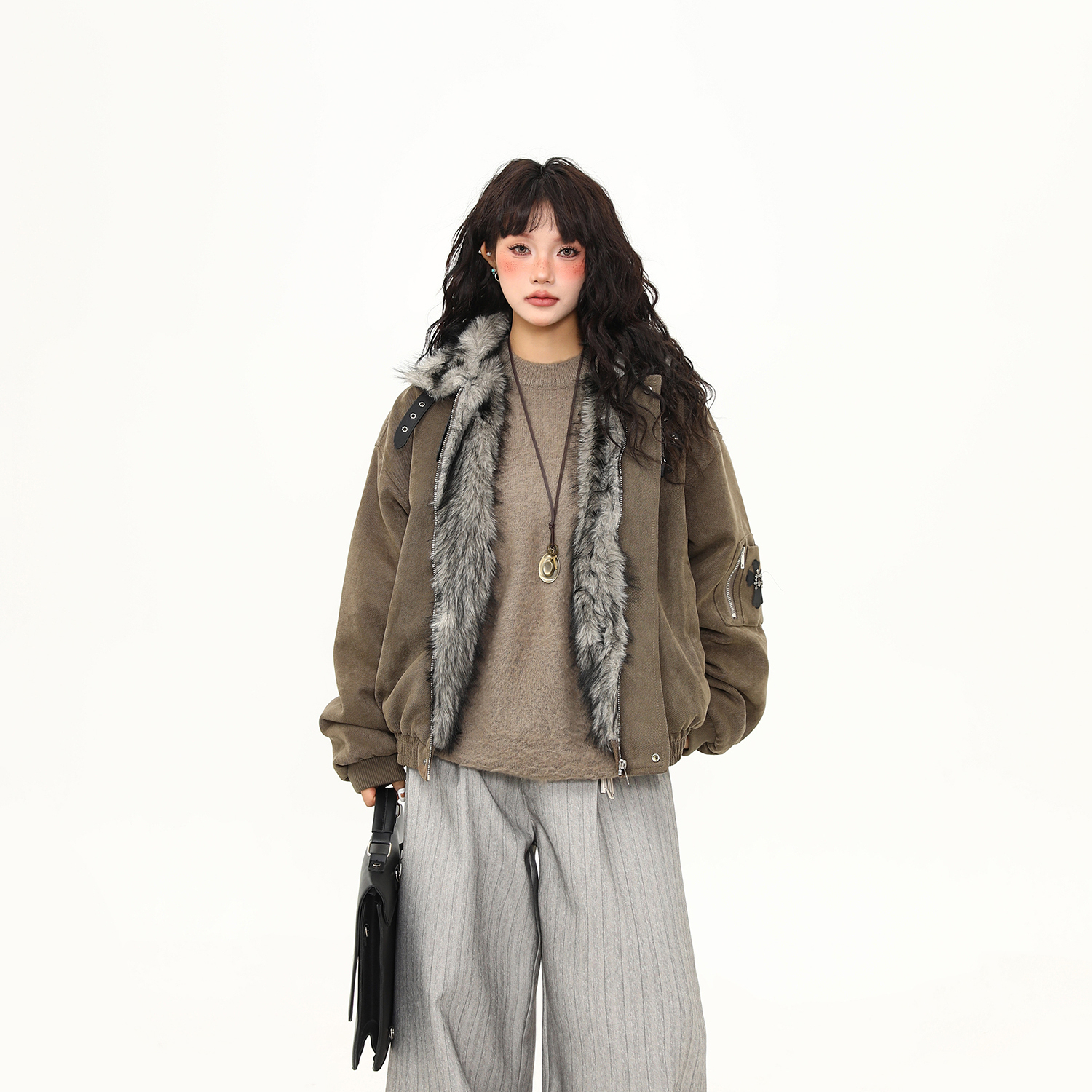 毛領座山雕棉服外套女美式潮牌高級感加厚冬季棉衣新款