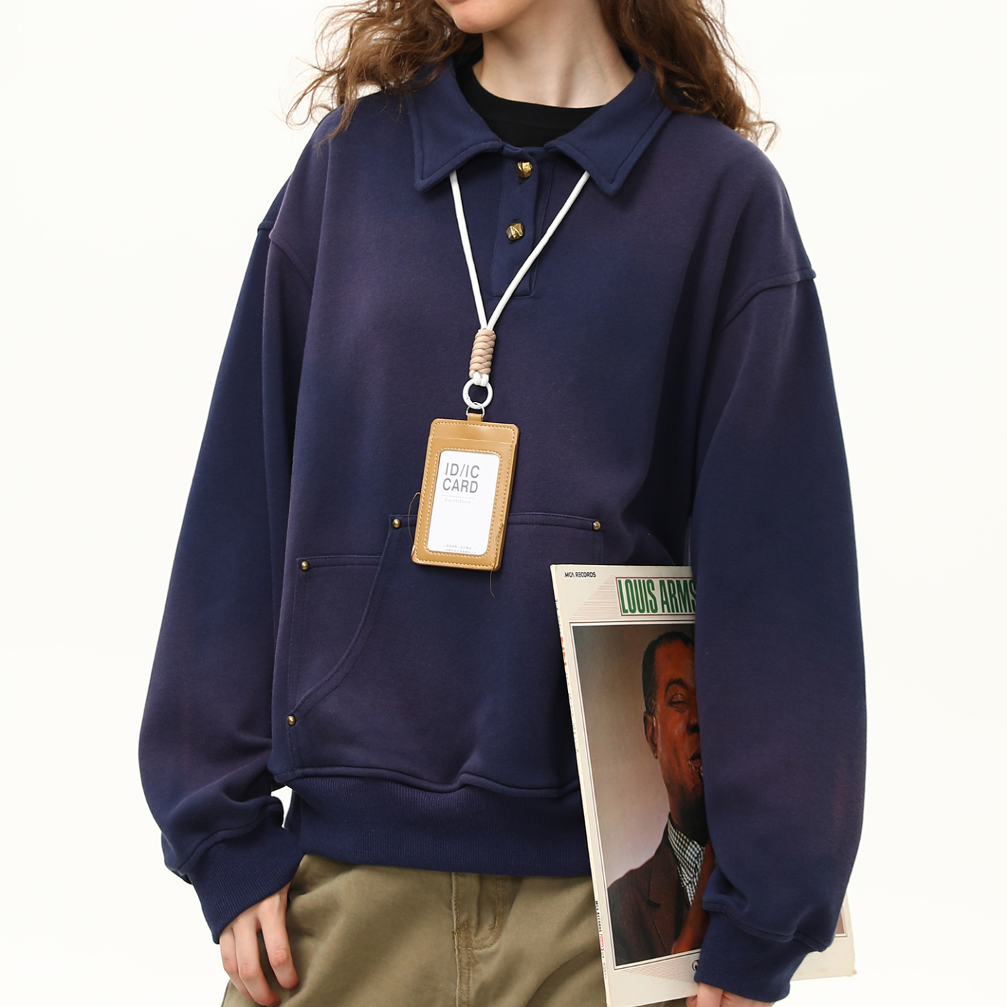 美式復古噴馬騮水洗設計感翻領套頭衛衣女秋季