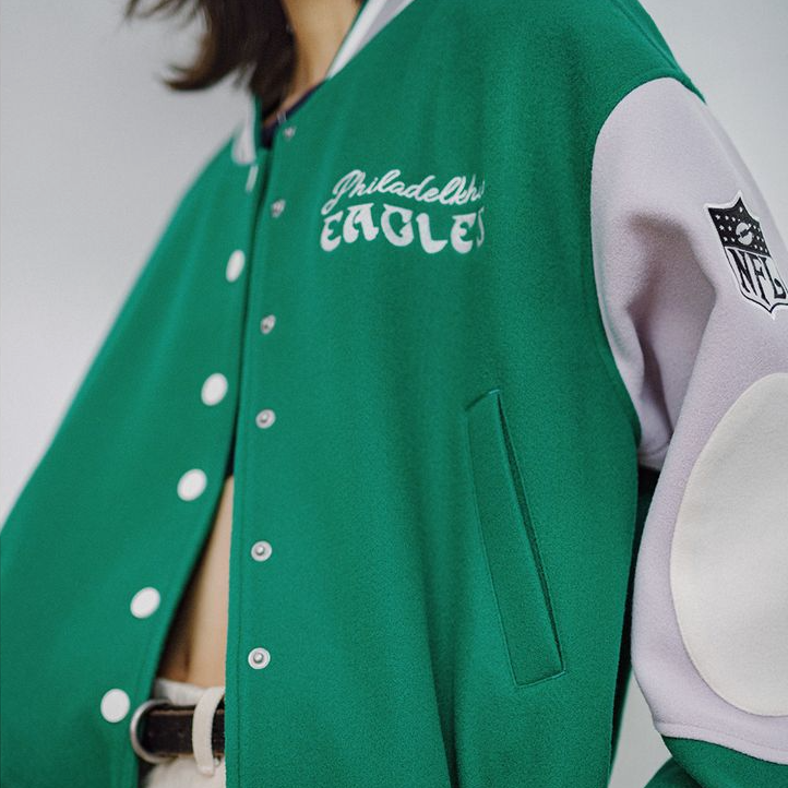 馬登女裝 美式撞色拼接棒球服外套復古休閒毛呢夾克刺繡厚短上衣秋冬女