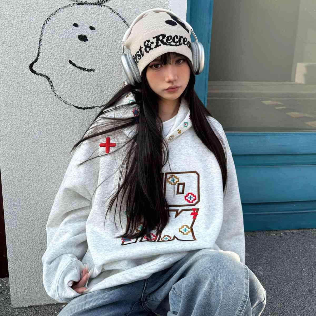美式復古民族風刺繡字母連帽衛衣春季新款女帽衫