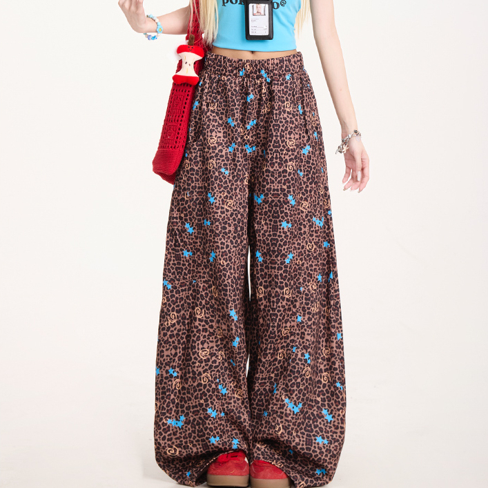 星星印花豹紋褲子女美式潮牌休閒直筒褲街頭小眾闊腿褲秋季