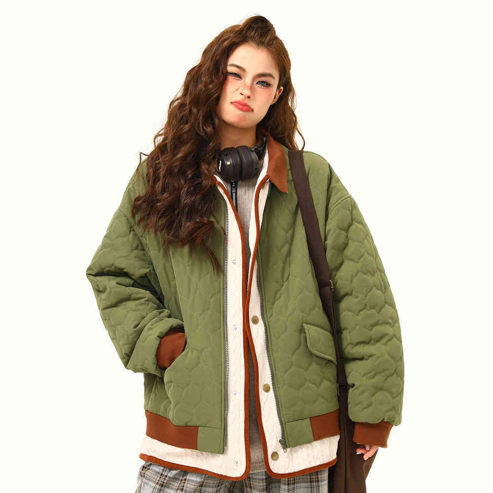 美式復古拼接夾棉棉服外套女冬季撞色氛圍感保暖棉衣