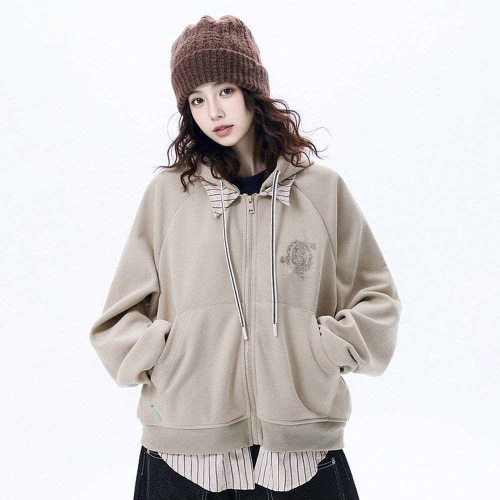 復古拼接假兩件連帽衛衣女春季2025年新款插肩袖帽衫寬鬆開衫外套