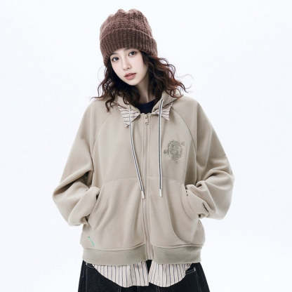 復古拼接假兩件連帽衛衣女春季2025年新款插肩袖帽衫寬鬆開衫外套