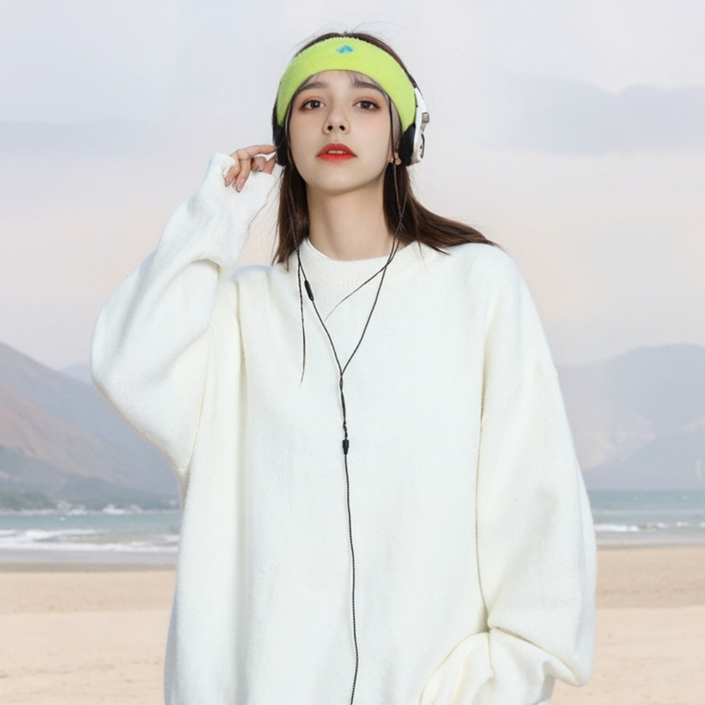 復古純色圓領套頭毛衣女秋冬新款高級感寬鬆慵懶風針織衫上衣