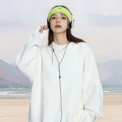 復古純色圓領套頭毛衣女秋冬新款高級感寬鬆慵懶風針織衫上衣