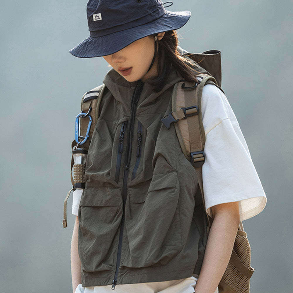 戶外機能立體口袋露營釣魚連帽馬甲女