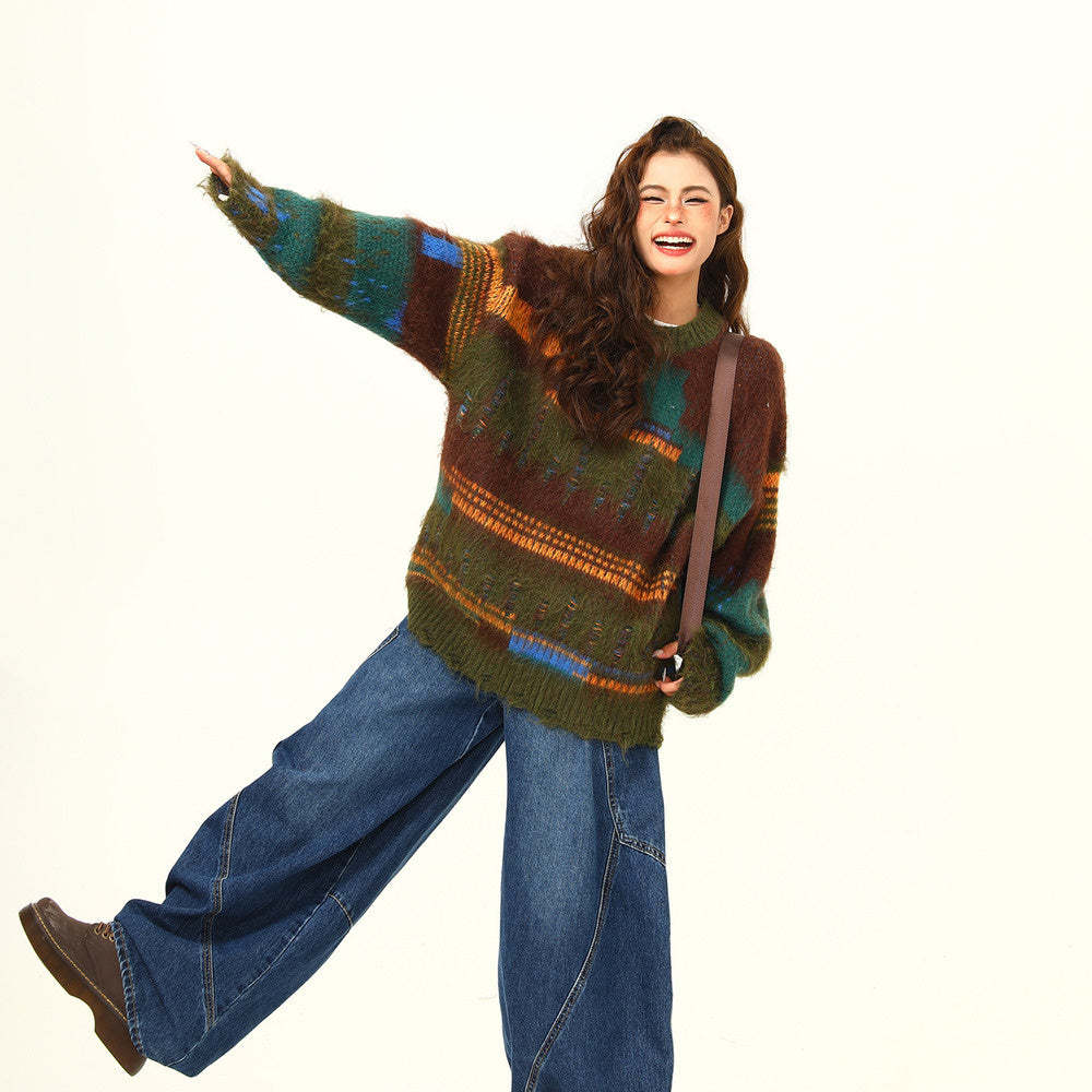 不規則拼接設計感馬海毛毛衣女秋季復古寬鬆慵懶風針織衫