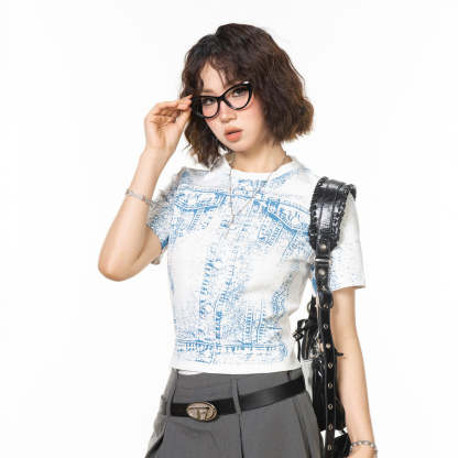 美式vintage牛仔印花短款t恤女短袖新款夏季顯瘦辣妹正肩上衣