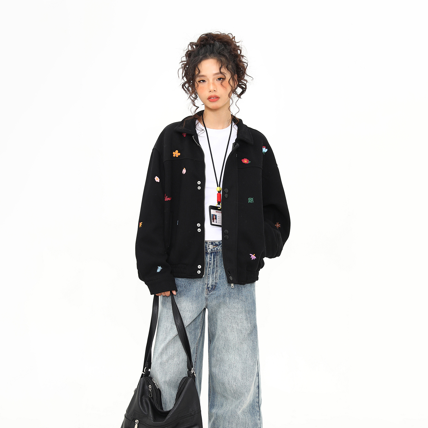 秋冬新款美式復古刺繡小標夾克外套女百搭翻領上衣